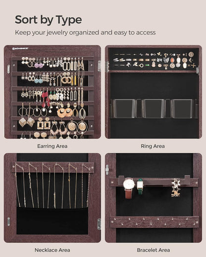 Jewelry Cabinet Armoire, Lockable Wall-Mounted Organizer Unit with 2 Plastic Cosmetic Storage Trays, Full-Length Frameless Mirror, Brown UJJC001K01-4