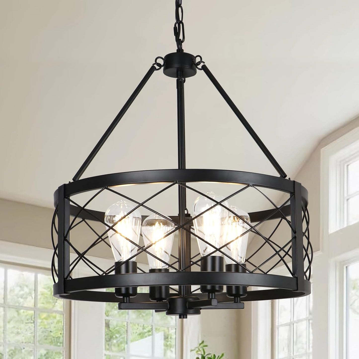 Black Industrial Chandelier 4 Light Drum Fixture Living Room-0