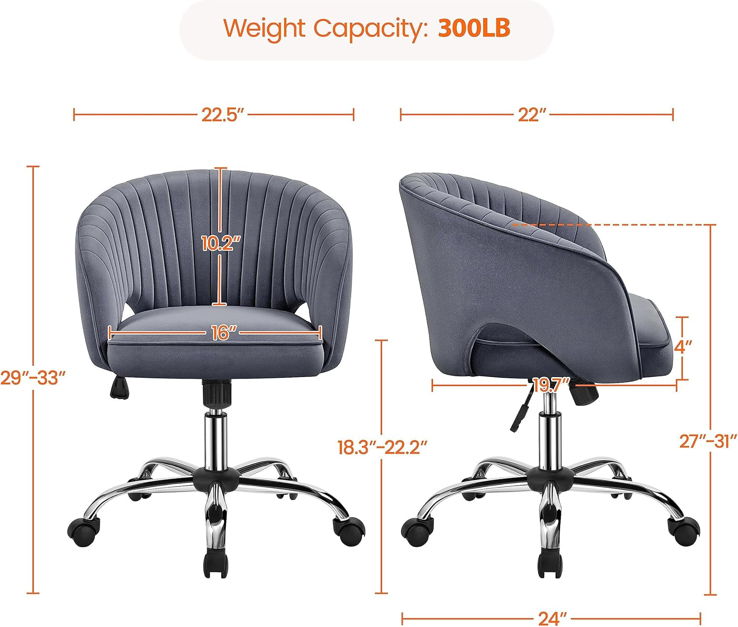 Home Office Chair Velvet Desk Chair, Upholstered Modern Swivel Chair with Tufted Barrel Back, Rolling Wheels for Office, Study, Vanity, Bedroom Dark Gray-2