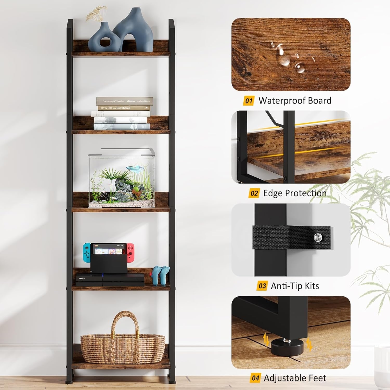 Book Shelf Small Bookshelf: 3-Tier Wood Bookcase Industrial Bookshelf with Edge Protection Metal Narrow Bookshelves Storage Organizer Display Rack for Bedroom (Rustic Brown, 5-Tier)-3