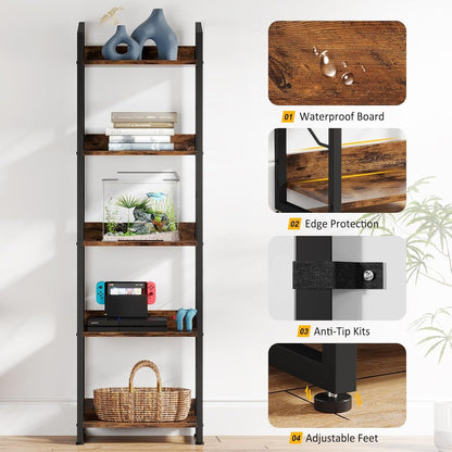 Book Shelf Small Bookshelf: 3-Tier Wood Bookcase Industrial Bookshelf with Edge Protection Metal Narrow Bookshelves Storage Organizer Display Rack for Bedroom (Rustic Brown, 5-Tier)-3