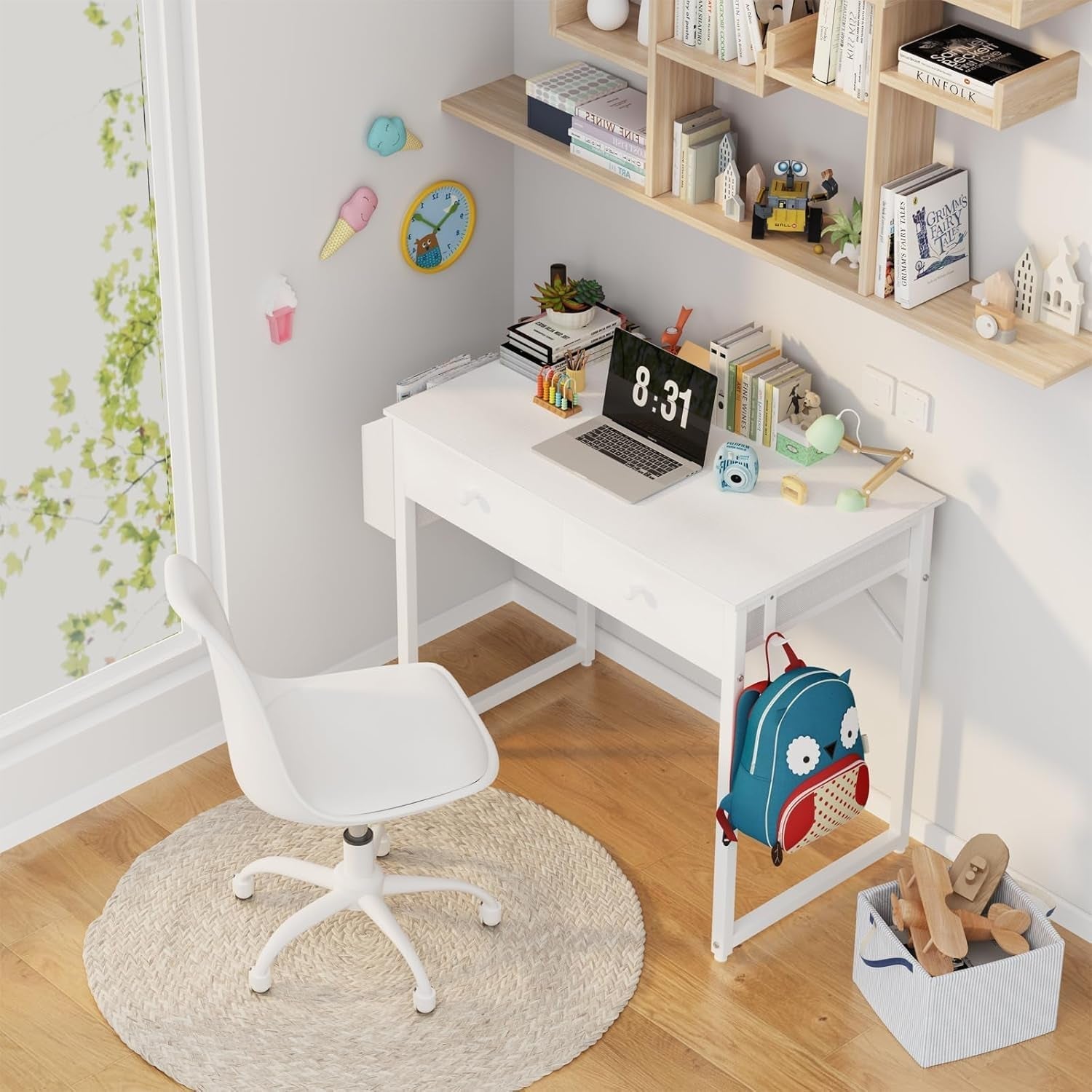 Small White Desk with Drawers - for Bedroom, 32 Inch Home Office Computer Desk with Fabric Storage Drawer and Bag, Study Writing Table for Small Spaces, White-1