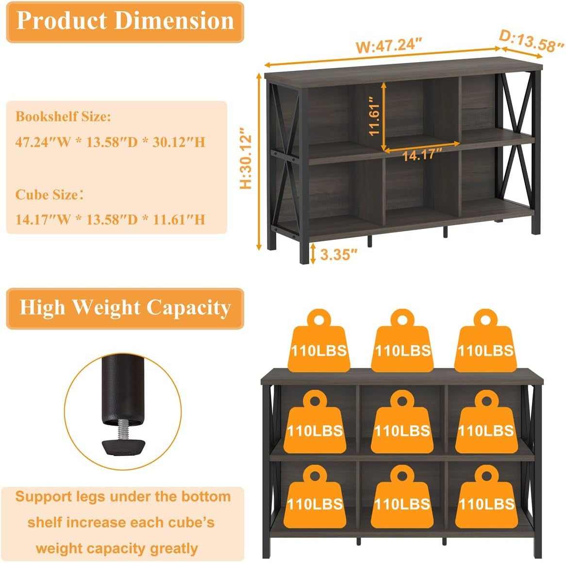 Rustic 6 Cube Storage Organizer with Shelf, Wood and Metal Cubby Bookcase, Industrial Horizontal Bookshelf for Living Room, Office (Walnut Brown, 47 Inch)-2