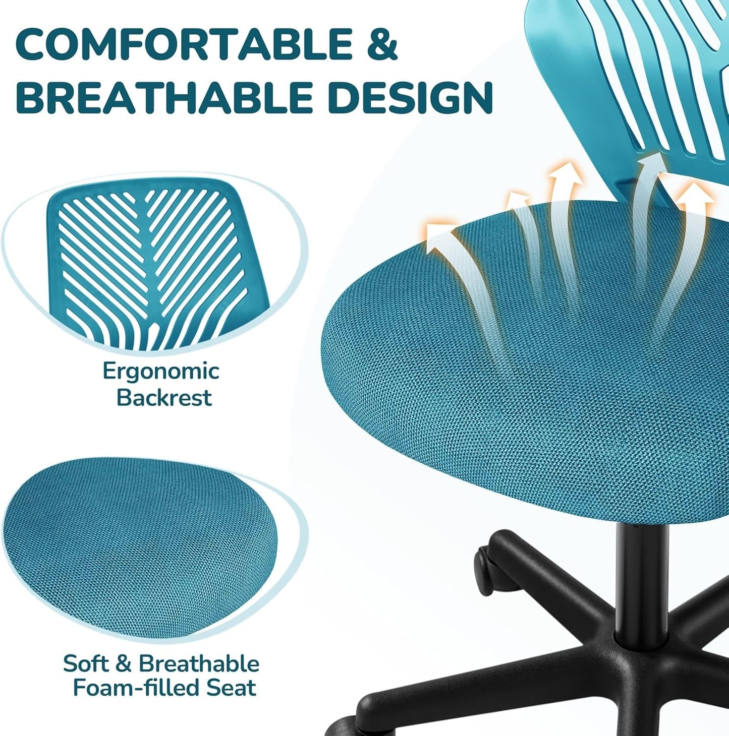 Students Cute Desk Chair Low-Back Armless Study Chair W/Lumbar Support Adjustable Swivel Chair in Home Bedroom School, Turquoise-3