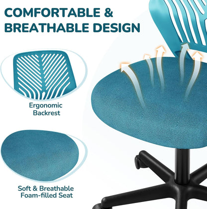 Students Cute Desk Chair Low-Back Armless Study Chair W/Lumbar Support Adjustable Swivel Chair in Home Bedroom School, Turquoise-3