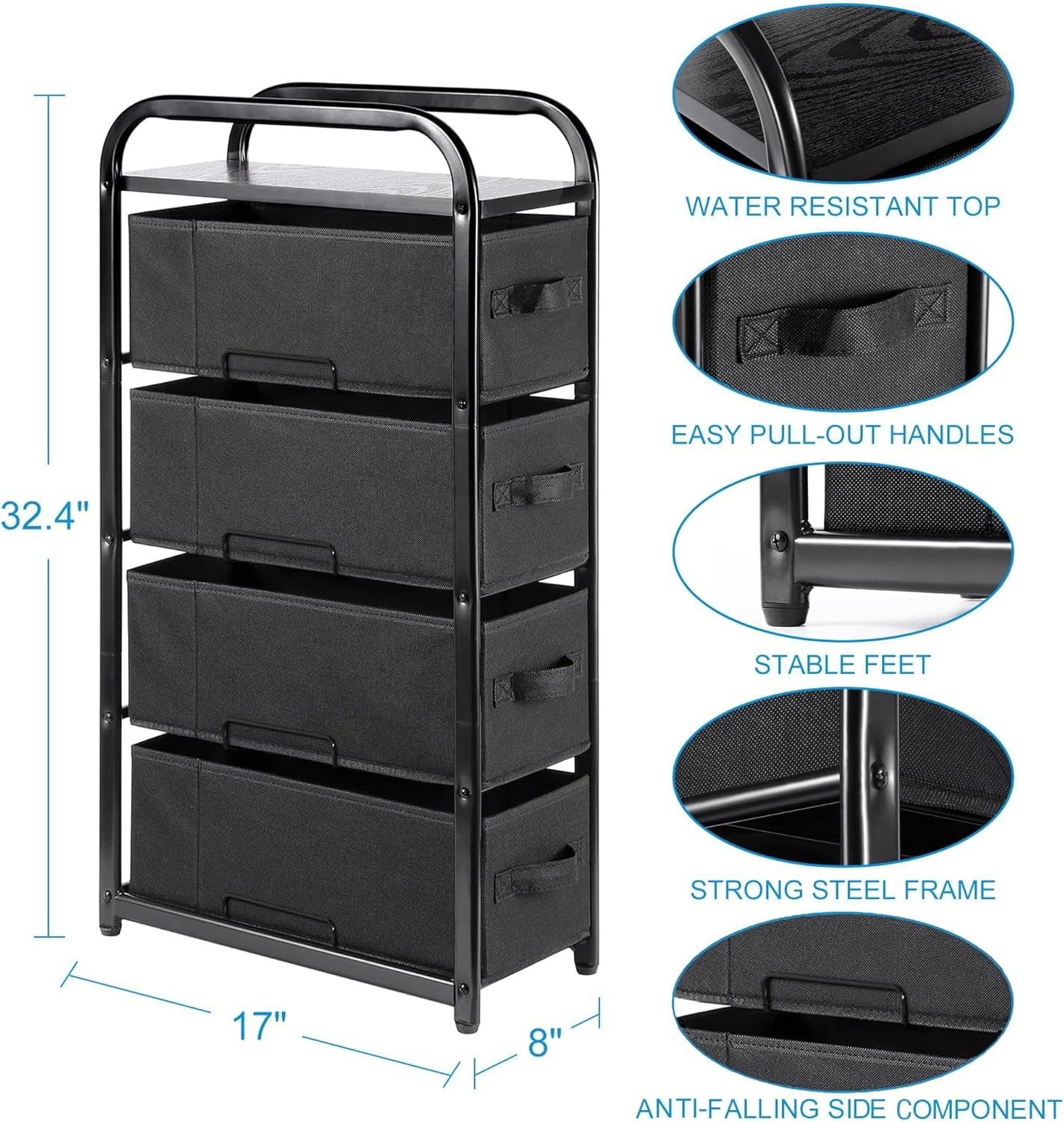 4 Drawer Narrow Dresser Fabric Storage Tower Vertical Slim Storage Chest Organizer Nightstand Side/End Table Small Standing Organizer Removable Drawers Wood Top for Bedroom, Bathroom（Black)-2