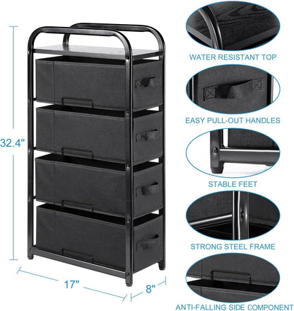 4 Drawer Narrow Dresser Fabric Storage Tower Vertical Slim Storage Chest Organizer Nightstand Side/End Table Small Standing Organizer Removable Drawers Wood Top for Bedroom, Bathroom（Black)-2