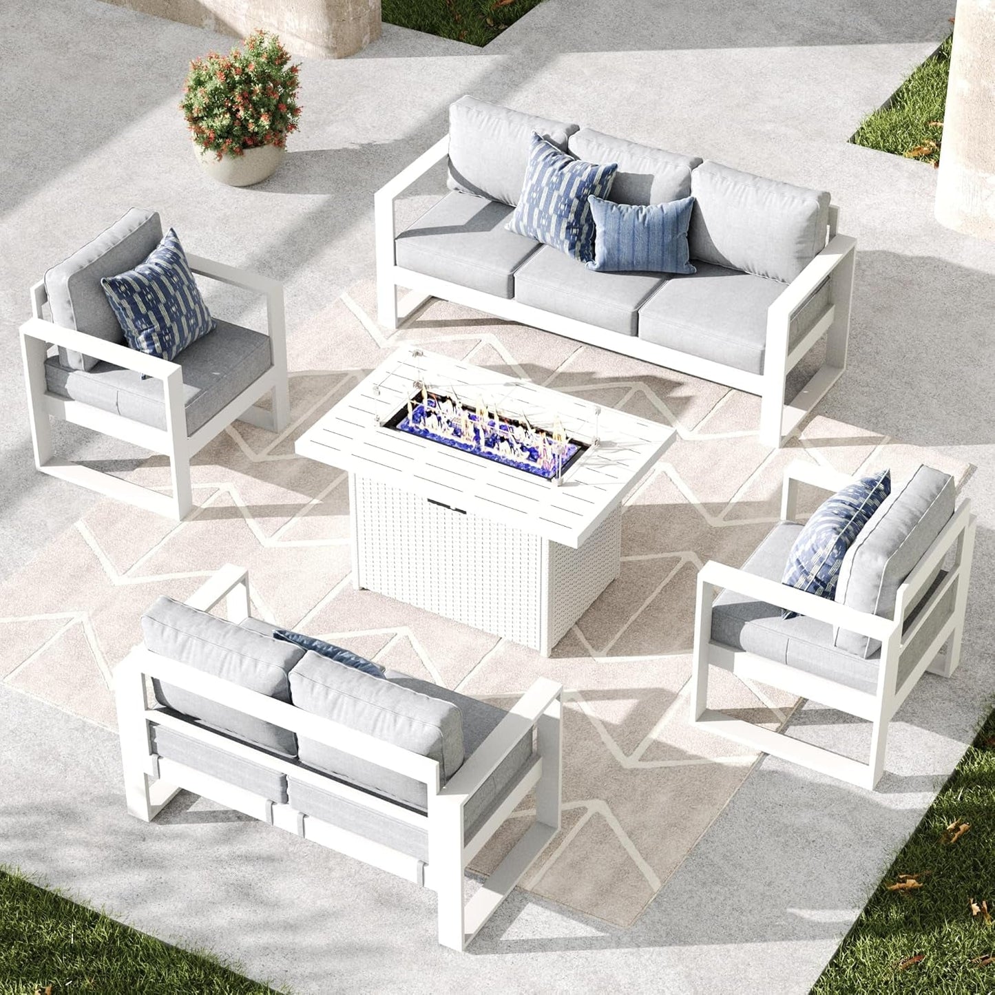 5 Piece Modern Aluminum Patio Furniture Set with Fire Pit Table, Outdoor Patio Sectional Conversation Metal Seating Sets with Olefin Cushion-0
