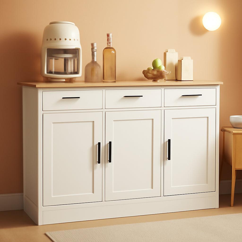 White Buffet Cabinet With Storage 47W Three Doors Drawers-0