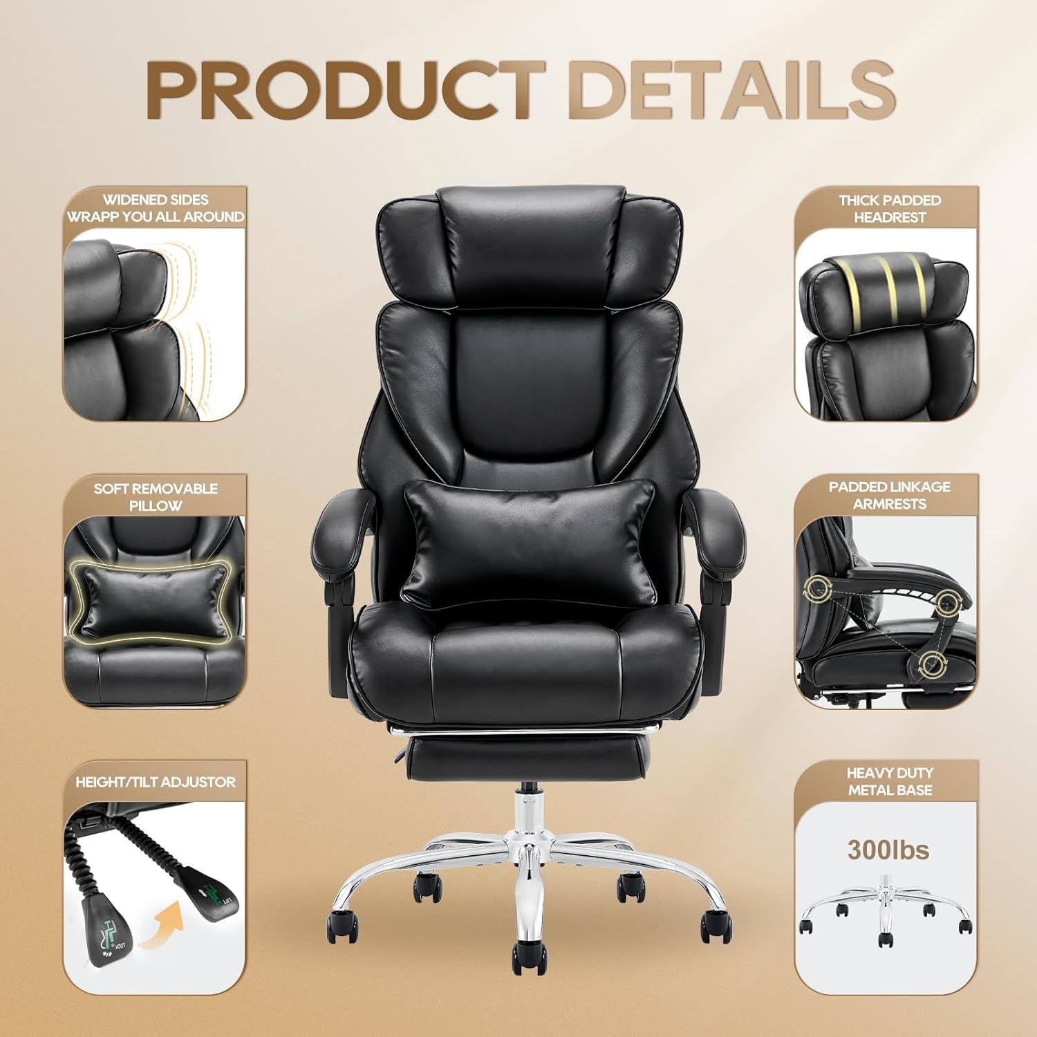 Office Chair with Retractable Footrest, Ergonomic High Back Design Executive Computer Desk Chair with Removable Lumbar Pillow, 90-135°Reclining, Thick Bonded Leather for Home Office Work, Black-3