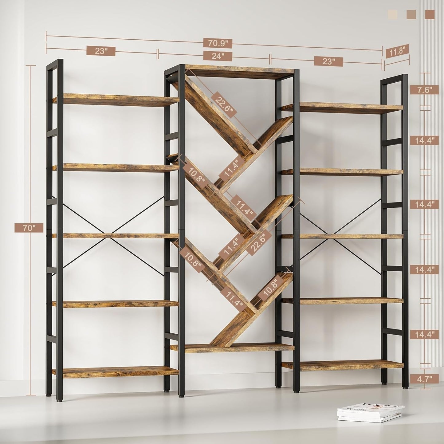 Rustic Brown Triple 5 Tier Wooden Bookcase With Metal Frame-1