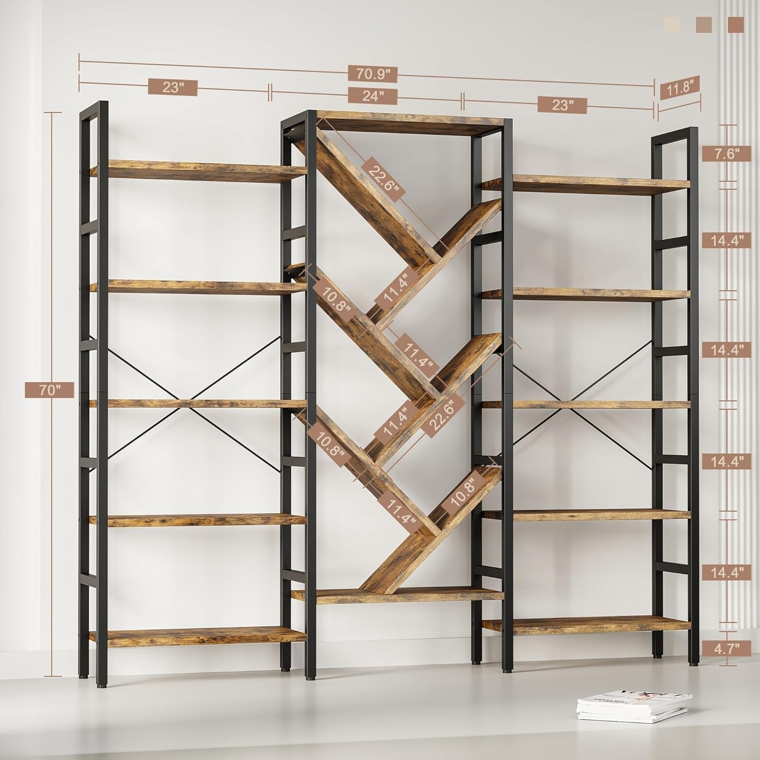 Rustic Brown Triple 5 Tier Wooden Bookcase With Metal Frame-1