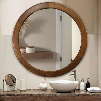 30" Walnut Wood Round Wall Mirror: Rustic Style-2