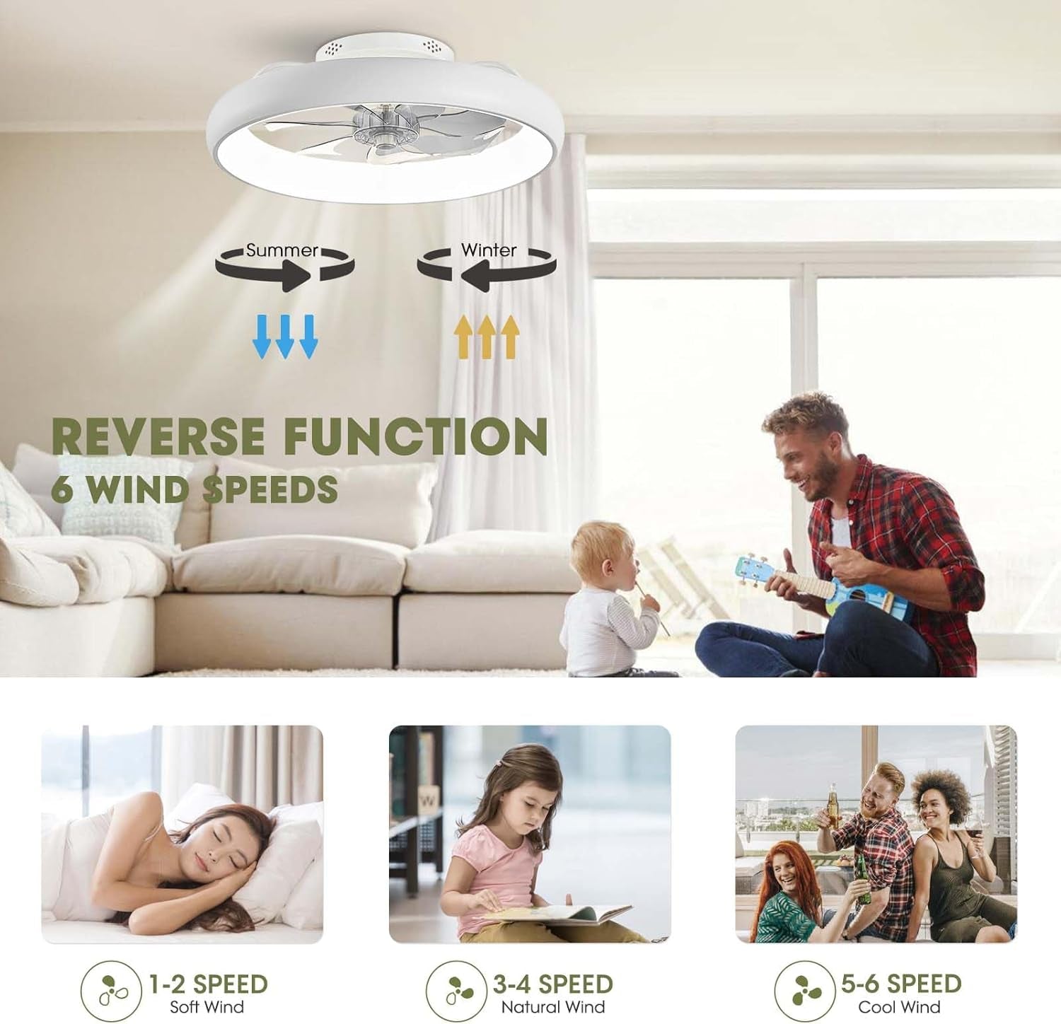 Ceiling Fans with Lights, Flush Mount Ceiling Fan with Alexa/Google Assistant/App Control, Low Profile Ceiling Fan with 6 Wind Speeds, LED Ceiling Fan for Bedroom, Kitchen 20“ (White)-2
