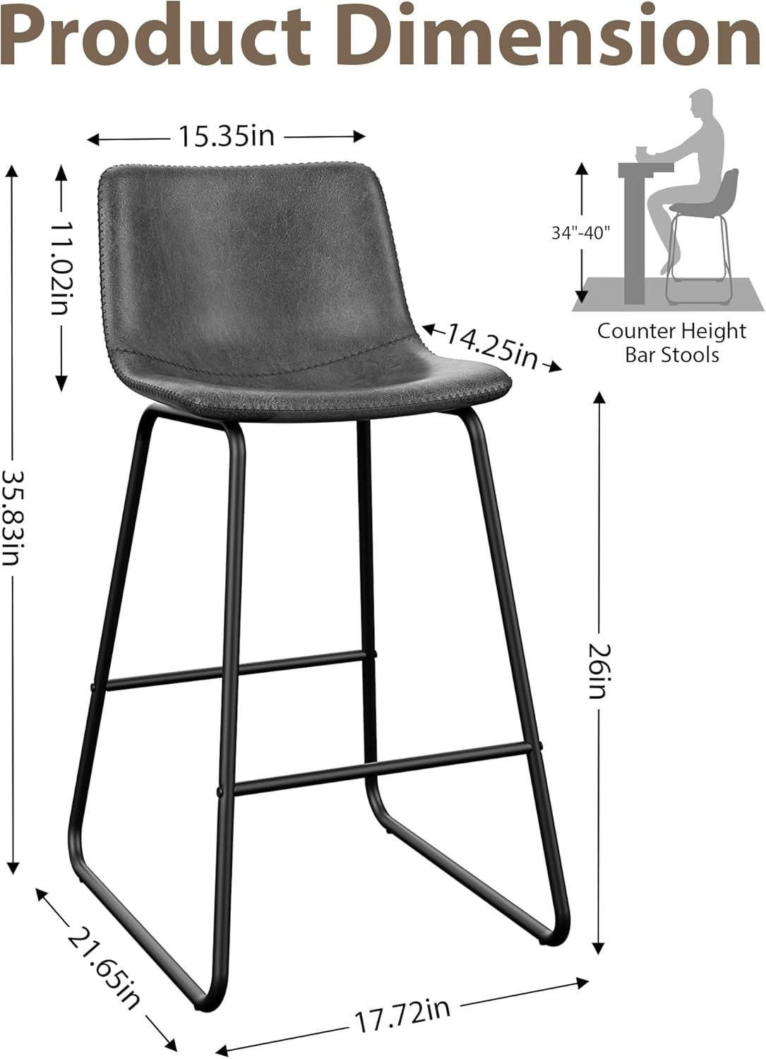 Bar Stools Set of 3, 26 Inches Counter Height Bar Stools with Back, Modern Faux Leather Barstools with Metal Legs and Footrest, Bar Chairs for Kitchens Island (Gray)-1