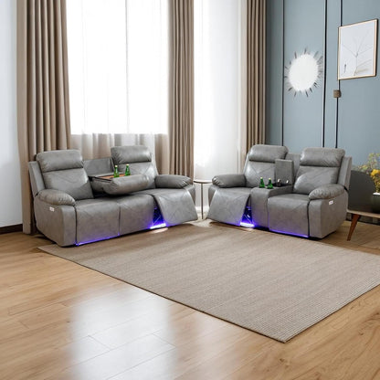 Power Leather Recliner Sofa Sets, 2 Pieces Living Room Furniture Sets with LED Lights, Grey Reclining Sofa Sets with USB Port for House/Office/Rv(A-Grey, Sofa+Loveseat)-0