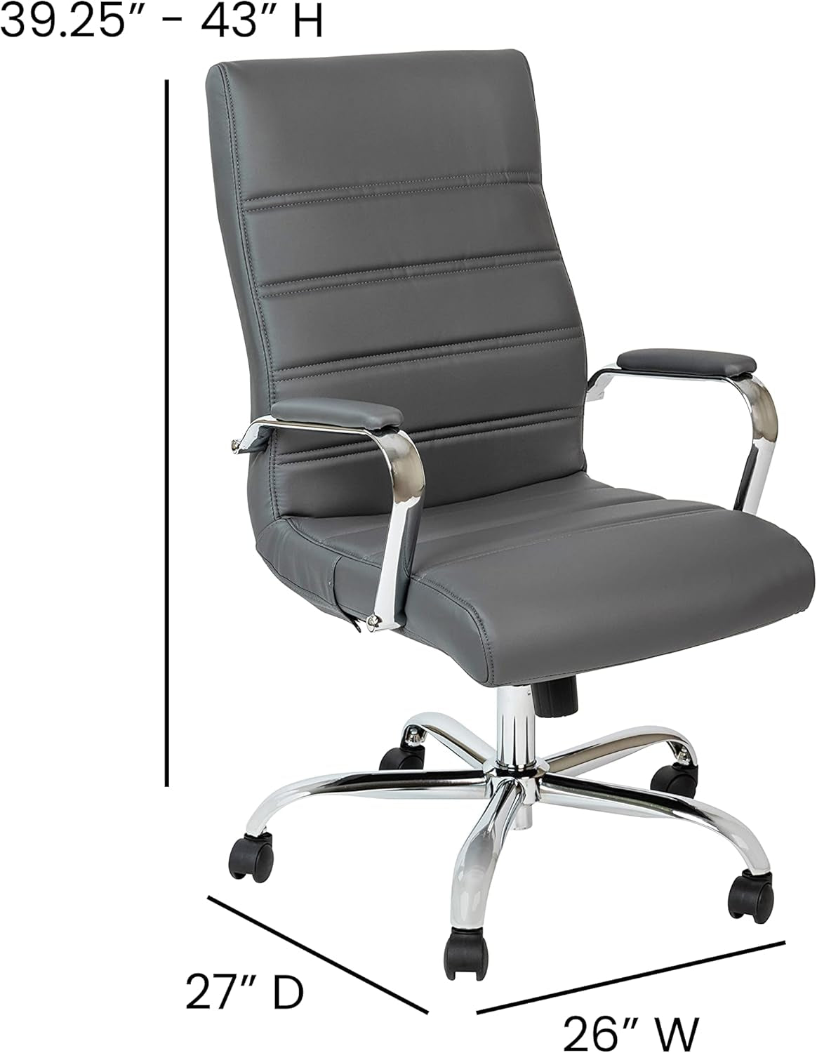 Whitney High-Back Swivel Leathersoft Desk Chair with Padded Seat and Armrests, Adjustable Height Padded Office Chair, Gray/Chrome-2