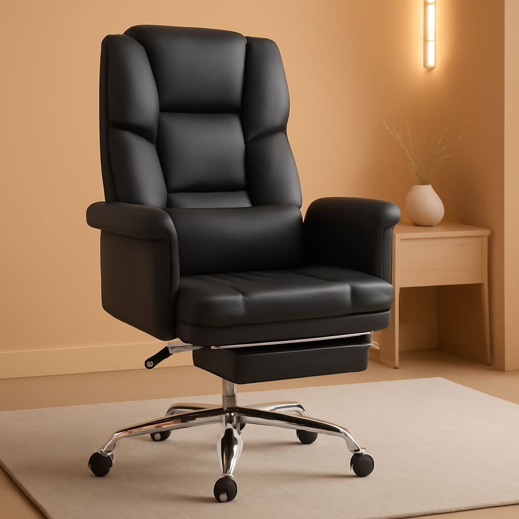 Executive Office Chair with Footrest and Lumbar Support, PU Leather Ergonomic Office Desk Chair, Reclining and Swivel Chair, Black-0