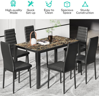7-Piece Glass Dining Table Set for 6, PU Leather Chairs-1