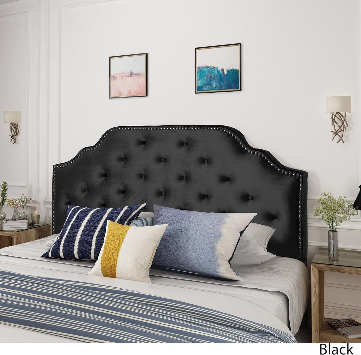 Contemporary Black Velvet Headboard with Button Tufted Design-2