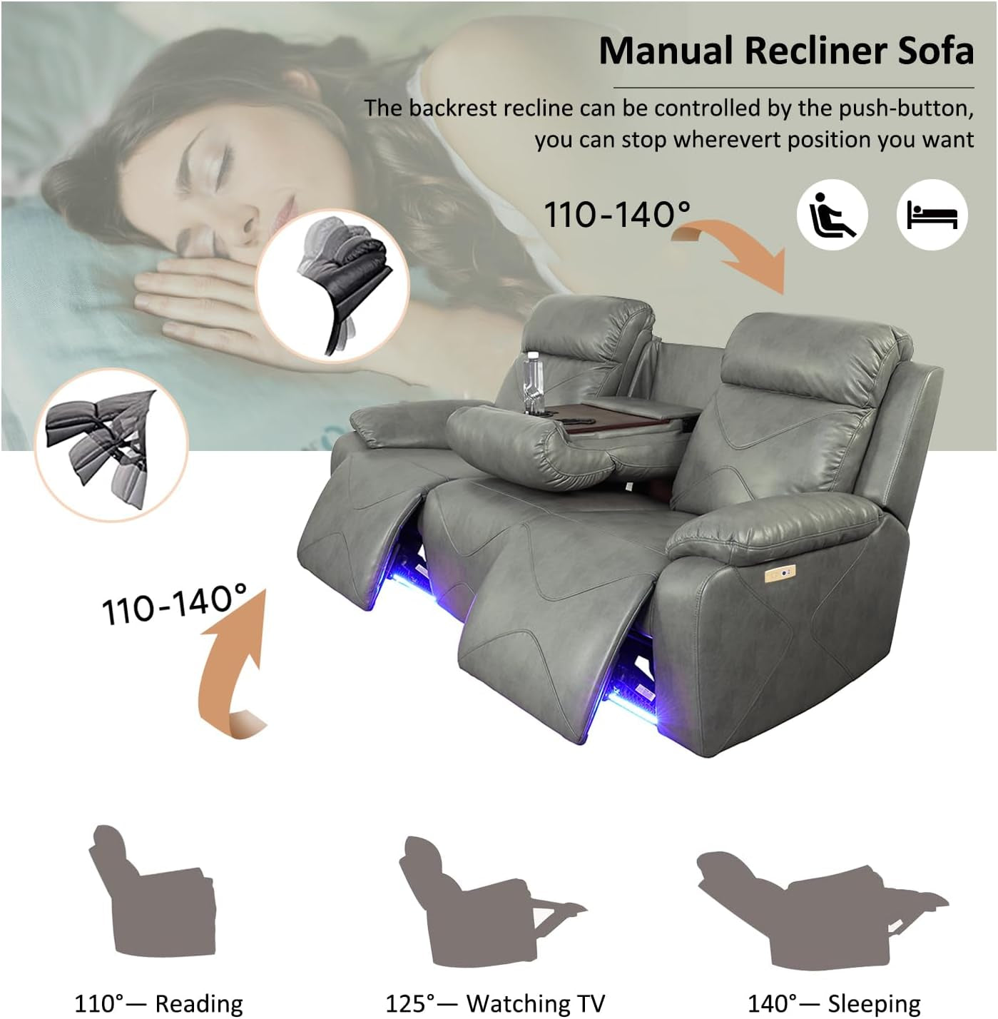 Power Leather Recliner Sofa Sets, 2 Pieces Living Room Furniture Sets with LED Lights, Grey Reclining Sofa Sets with USB Port for House/Office/Rv(A-Grey, Sofa+Loveseat)-2