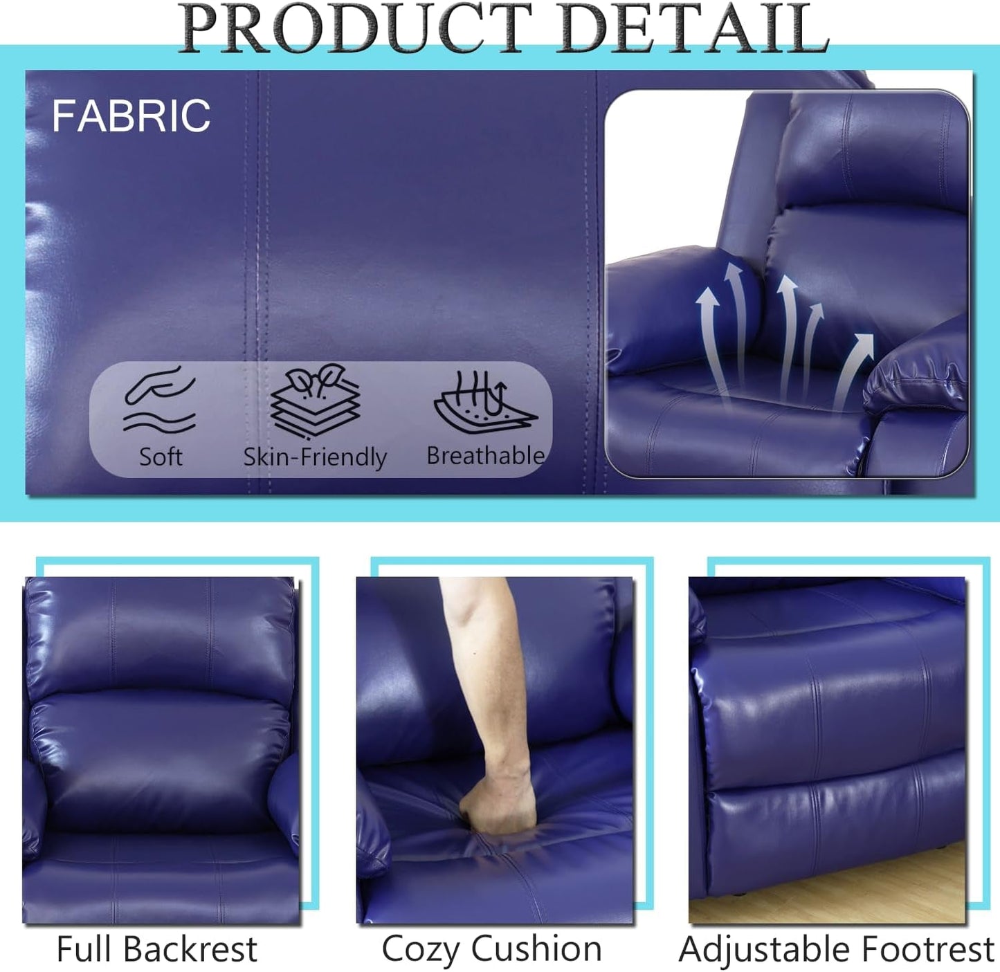 Leather Recliner Sofa Set，Leather Reclining Sofa Set for Living Room Furniture Sets，Dark Blue Recliner Couch Set for Living Room/Office/Theater Seating(Sofa Set 3 Pieces)-3