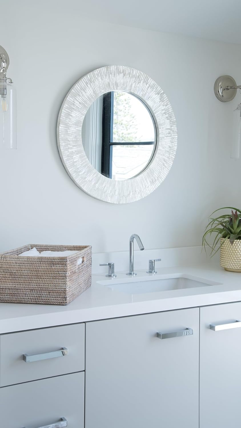 1040142, Pearlescent White round Capiz Seashell Sunray Wall Mirror-4