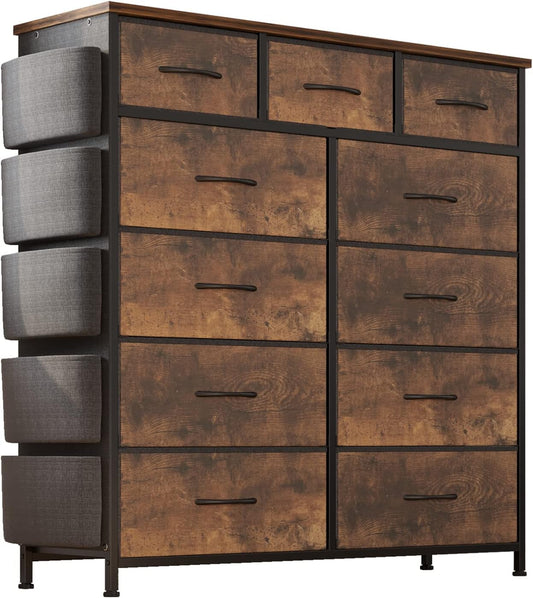 Dresser for Bedroom with 11 Drawer, Dressers & Chests of Drawers with Side Pockets, Hooks, Fabric Storage Drawer, Steel Frame, Wood Top, Organizer Unit and Pull Handle for Closet.-0