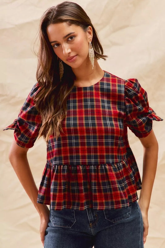 SO ME Christmas Holiday Plaid Ribbon Short Sleeves Top