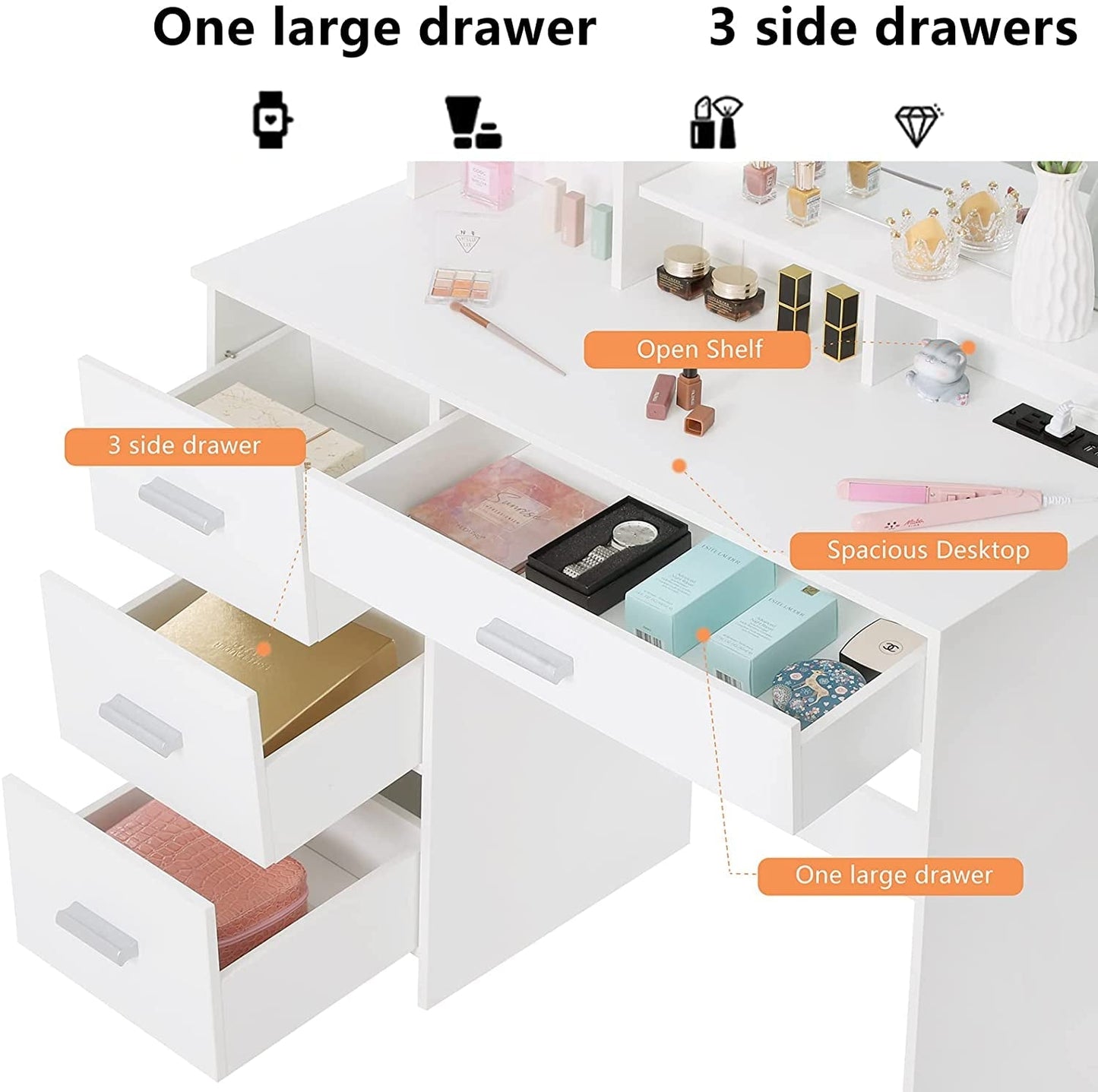 White Vanity Desk with Lighted Mirror and Charging Station-3