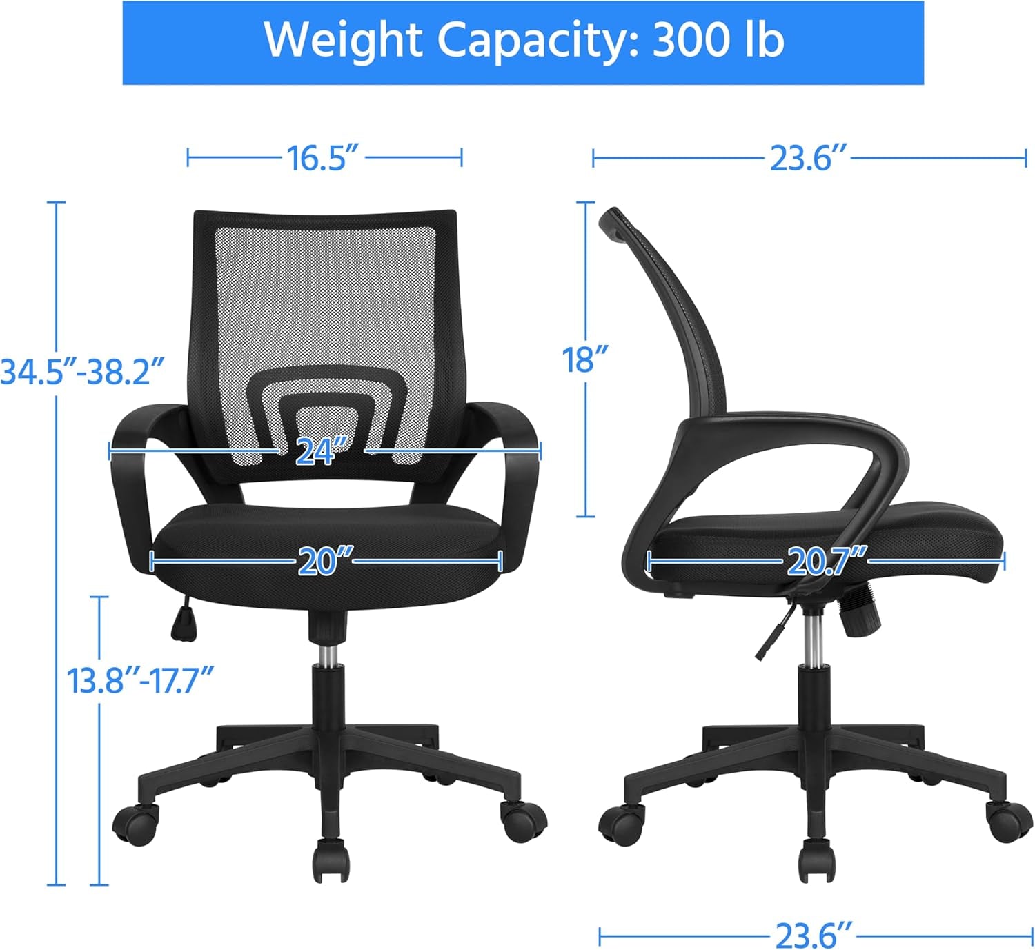 Office Chair Ergonomic Computer Chair Mid Back Adjustable Desk Chair with Lumbar Support Armrest, Swivel Rolling Mesh Task Gaming Chair for Home Office Work Study, Black-2