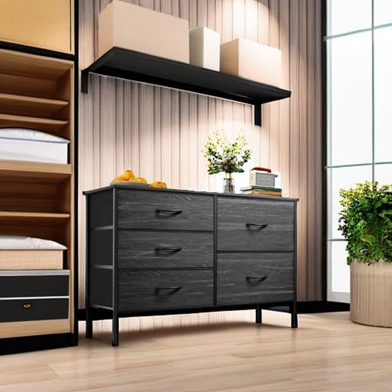 Dresser for Bedroom with 5 Drawers, Wide Bedroom Dresser with Drawer Organizers, Chest of Drawers, Fabric Dresser for Living Room, Closet, Hallway, Charcoal Black Wood Grain Print-4