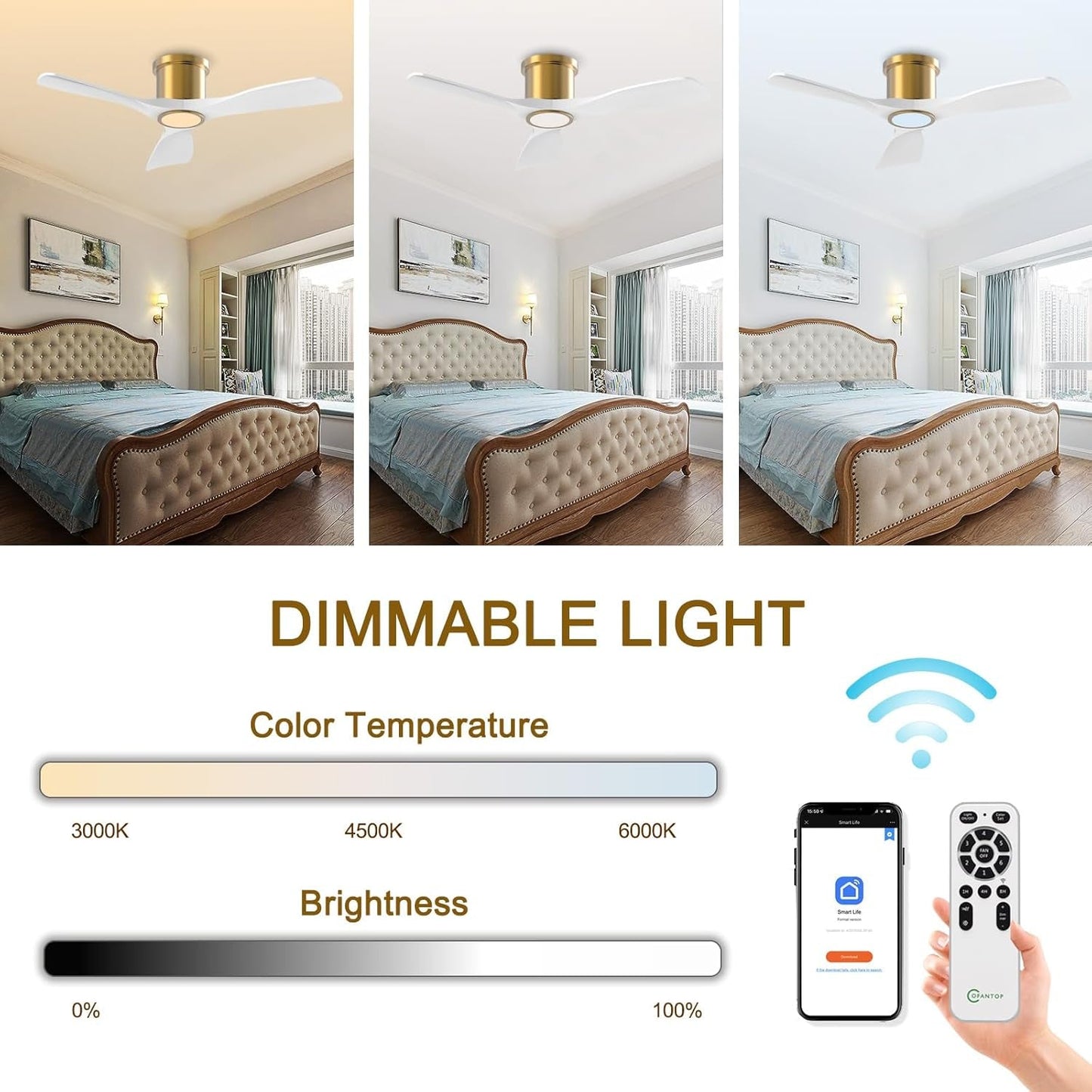 52 Inch Smart Ceiling Fan with Light and Remote, Indoor 3 Blade White Gold Low Profile Flush Mount Modern Ceiling Fan for Bedroom Living Room-3