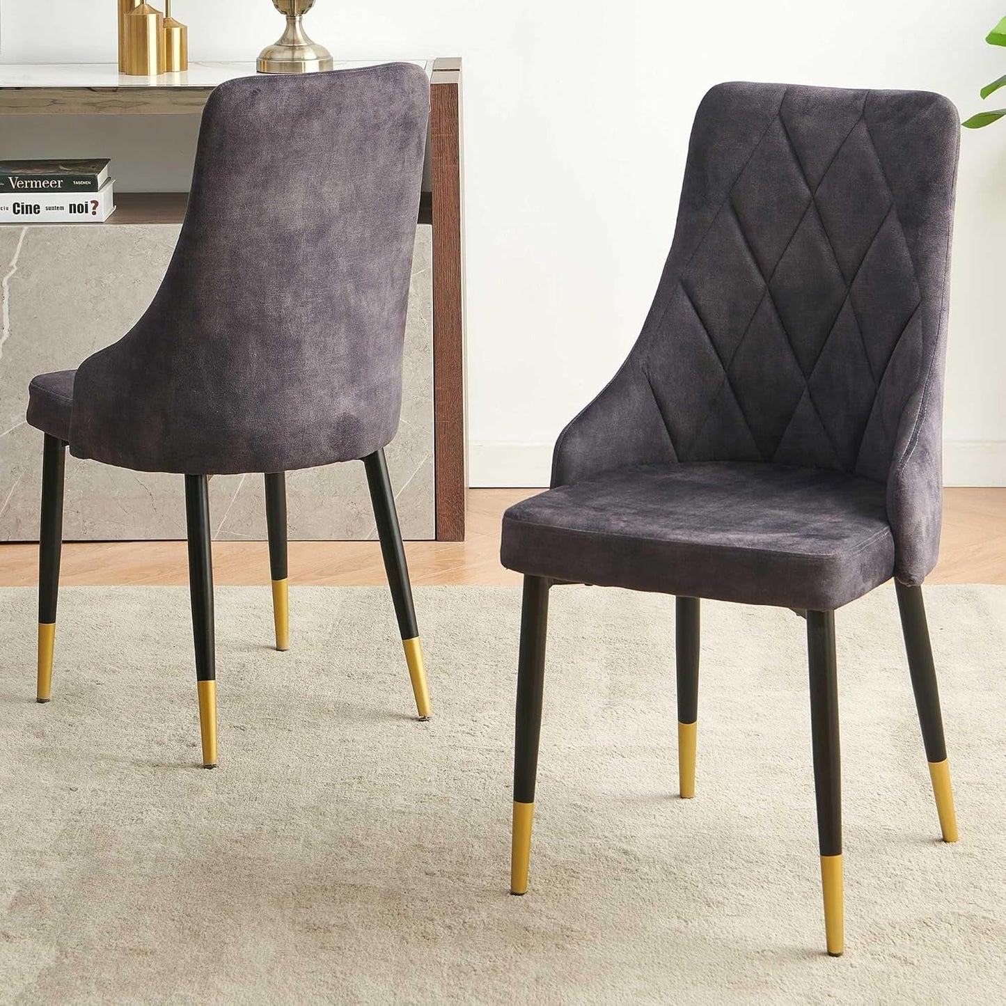 Upholstered Velvet Dining Chair Set of 4, Smoky Gray Armless Side Chair with Metal Legs for Home Kitchen-3