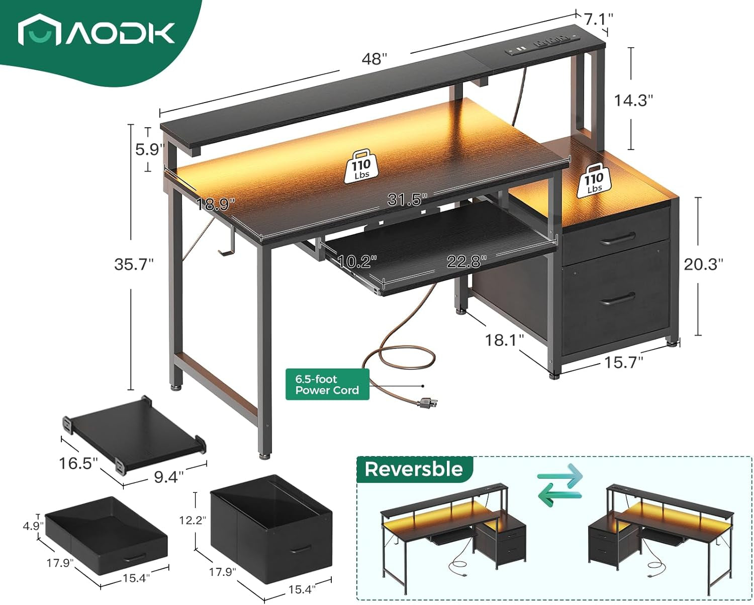 48-Inch Gaming Desk with Power Outlets & LED Light, Reversible PC Desk with Fabric Drawer and File Cabinet, Computer Desk with Keyboard Tray, Table with Full Monitor Riser and PC Stand, Black-2