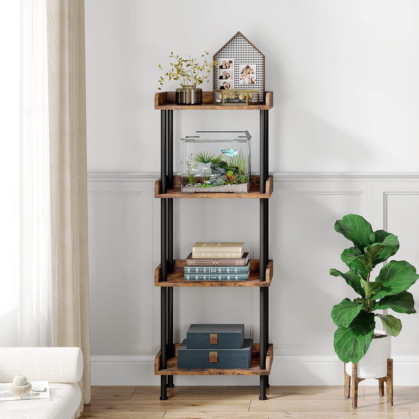 Bookcase 4 Tier Bookshelf, Vintage Small Bookshelf for Small Spaces, Wooden Book Shelf Small Bookcase for Living Room Bedroom-3