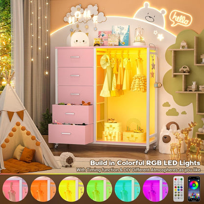 Dresser for Bedroom with Clothes Rack, 5 Drawers Dresser with Charging Station & LED Lights, Pink Storage Chest of Drawers with Wheels, Wooden Top, Lockable Wheels, Bedroom, Closet, Pink-2