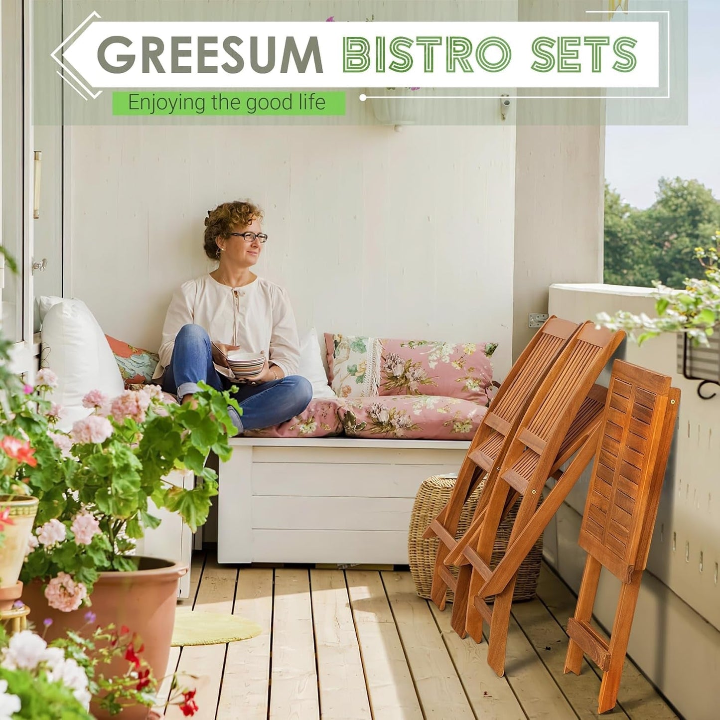 3 Piece Patio Folding Furniture Bistro Set with 2 Cushions for Pool Beach Backyard Balcony Porch Deck Garden, Acacia Wood-3