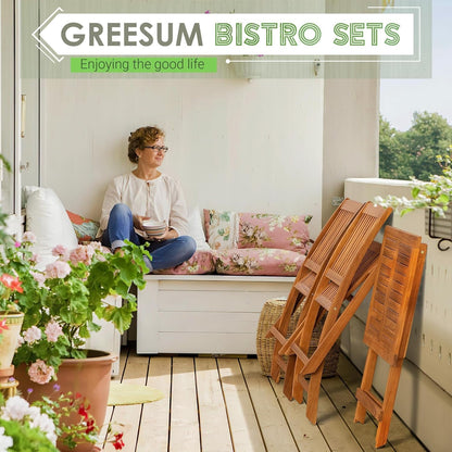 3 Piece Patio Folding Furniture Bistro Set with 2 Cushions for Pool Beach Backyard Balcony Porch Deck Garden, Acacia Wood-3