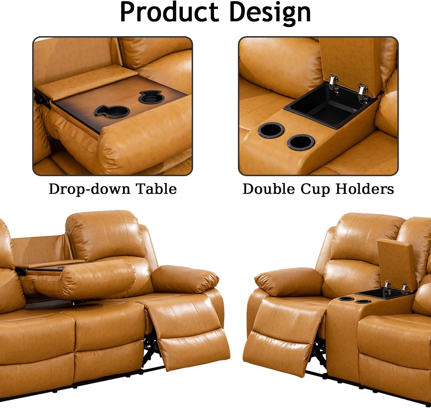 Leather Recliner Sofa Set，Leather Reclining Sofa Set for Living Room Furniture Sets，Ginger Recliner Couch Set for Living Room/Office/Theater Seating(Sofa Set 3 Pieces)-2