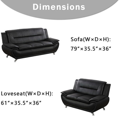 Leather Couches for Living Room, Living Room Couch Set, Sofa for Bedroom, Apartment, Living Room Furniture Sets (B-Leather Black, Sofa+Loveseat)-4