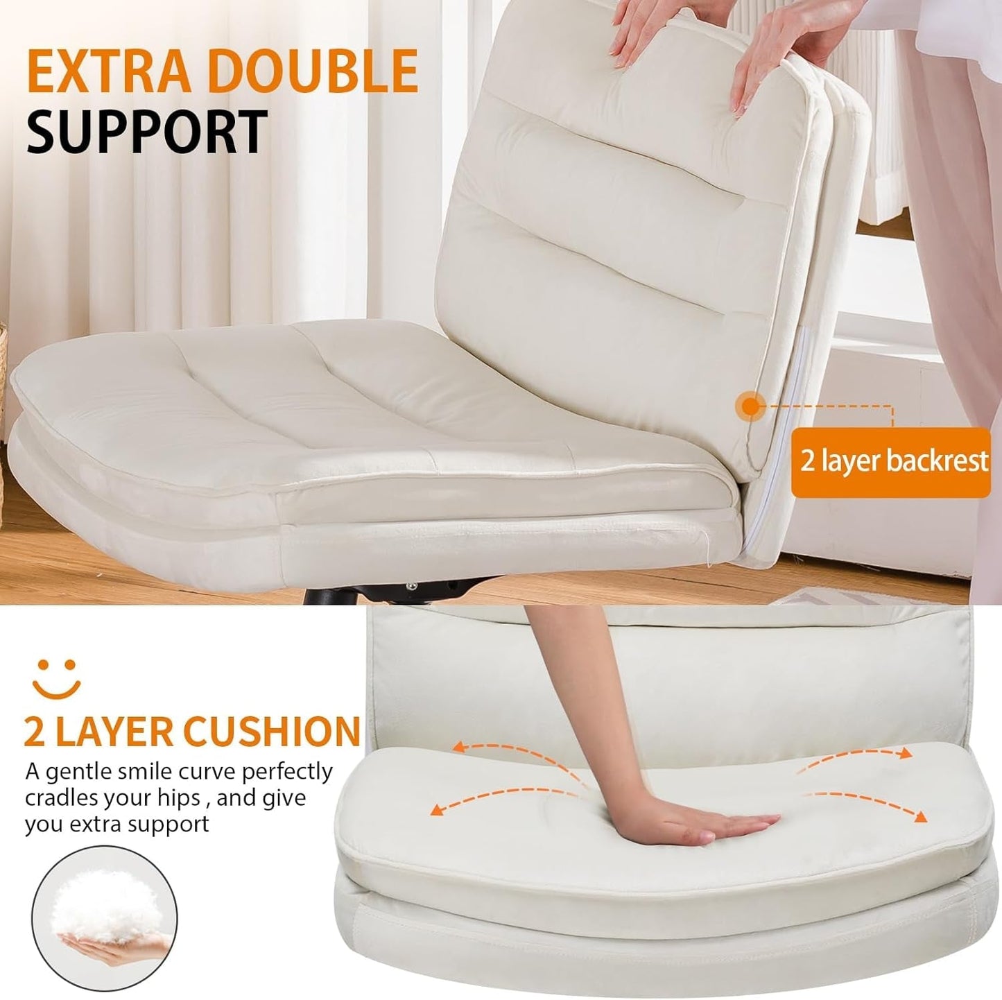 Criss Cross Chair with Wheels, Armless Wide Cross Legged Office Chair Mid Back, Modern Home Office Desk Chair Swivel Adjustable Vanity Computer Chair, Beige-3