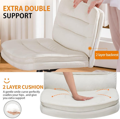 Criss Cross Chair with Wheels, Armless Wide Cross Legged Office Chair Mid Back, Modern Home Office Desk Chair Swivel Adjustable Vanity Computer Chair, Beige-3