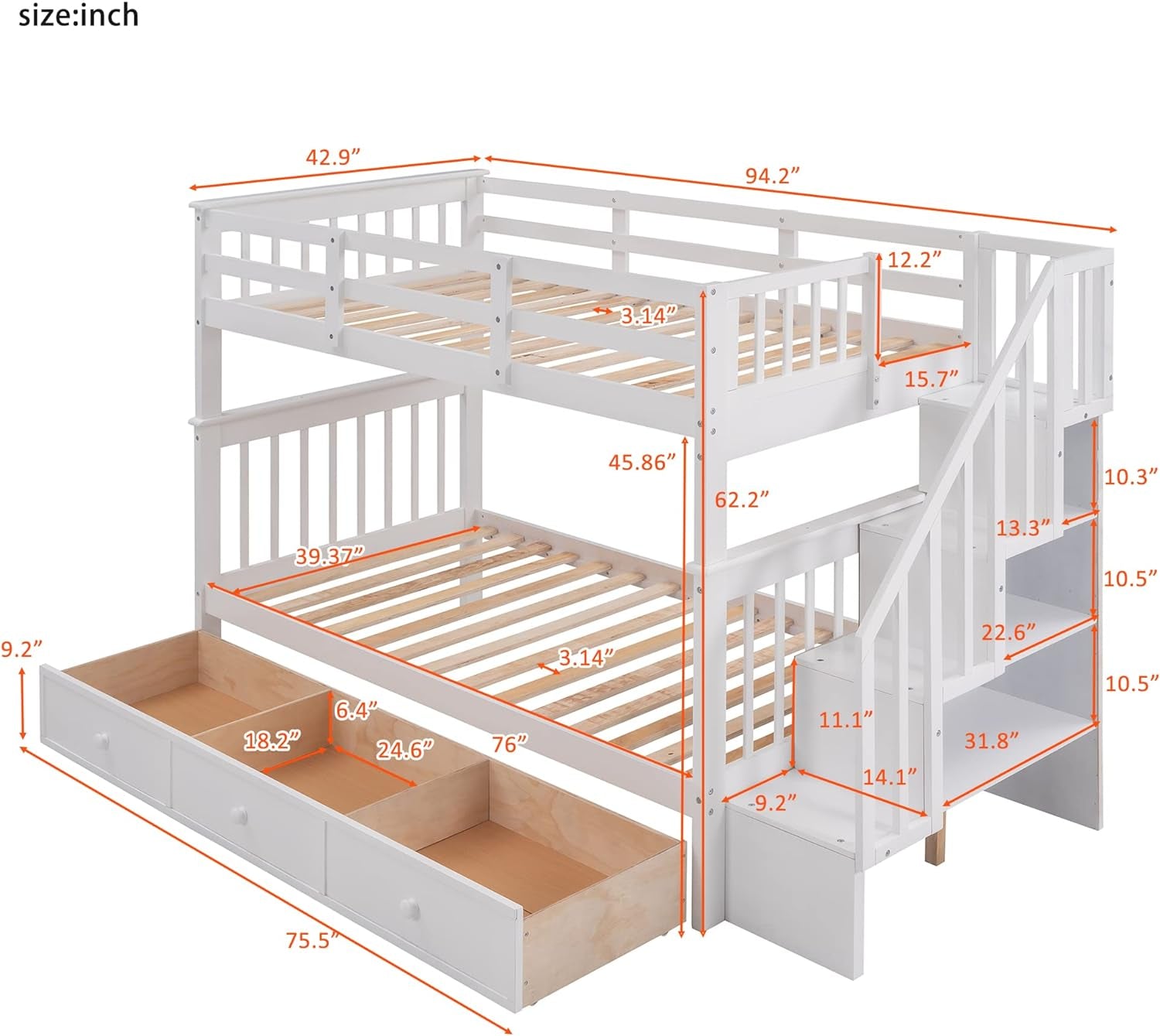 Twin over Twin Bunk Bed with Stairs and Guard Rail, Twin Size Bunk Beds with Storage Drawers,Wooden Bunk Bed Frame for Bedroom, Dorm, Kids, Teens, Adults,White-1