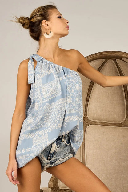 BiBi Aztec Printed Woven Tied Ribbon One Shoulder Top
