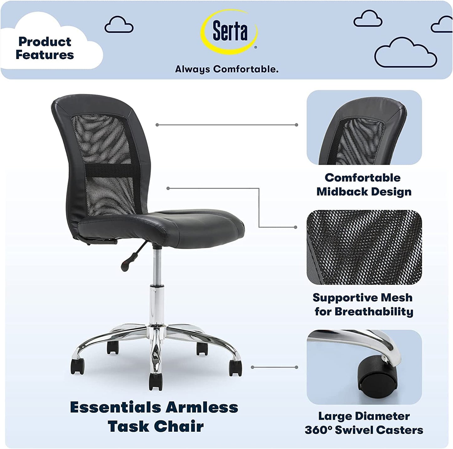 Essential Armless Deskchair, Small Task Chair with Wheels, Breathable Mesh Back, quality Foam Cushion Seat for Comfort, Functional, Lightweight and Versatile, Black-3
