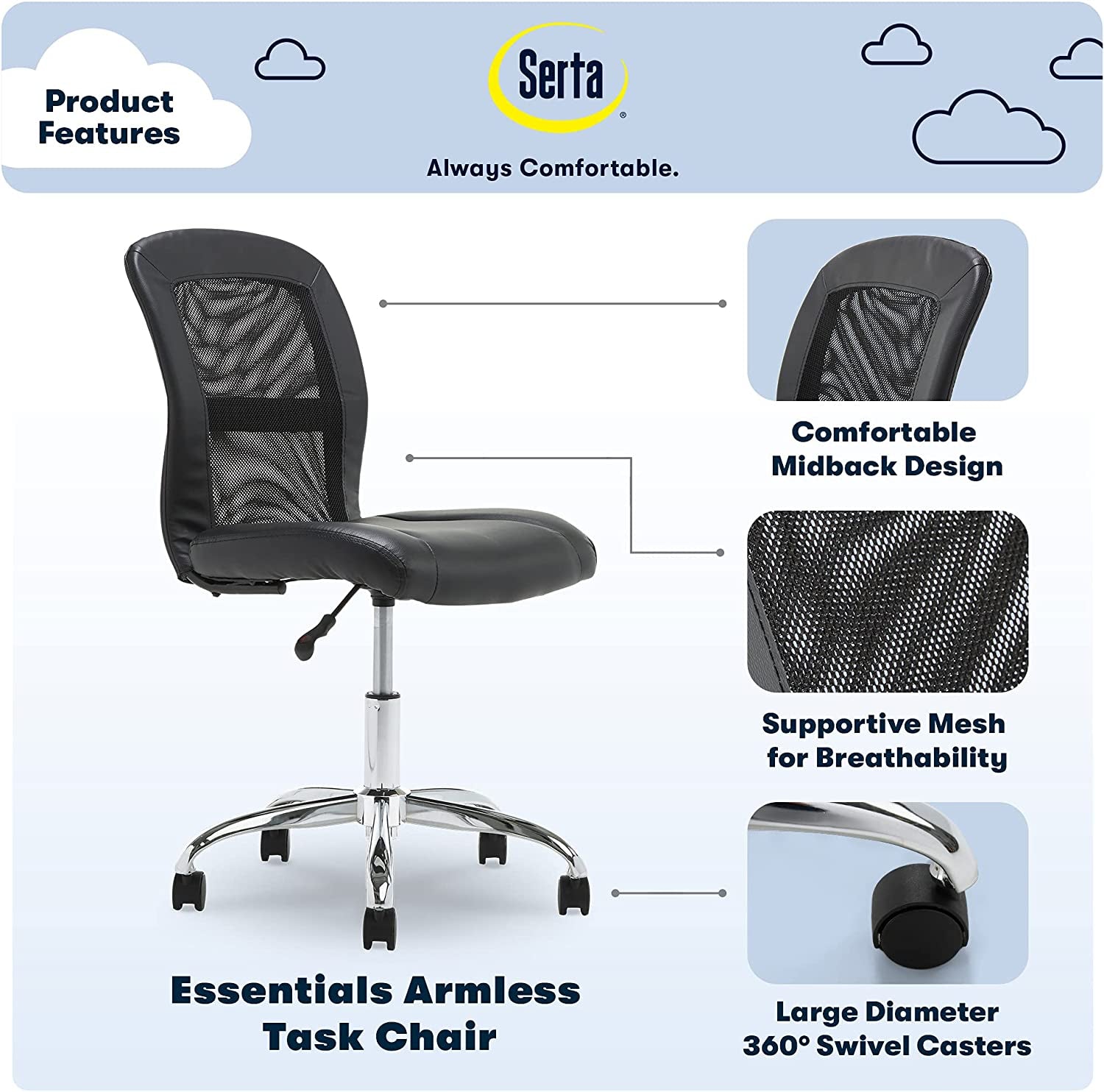 Essential Armless Deskchair, Small Task Chair with Wheels, Breathable Mesh Back, quality Foam Cushion Seat for Comfort, Functional, Lightweight and Versatile, Black-3