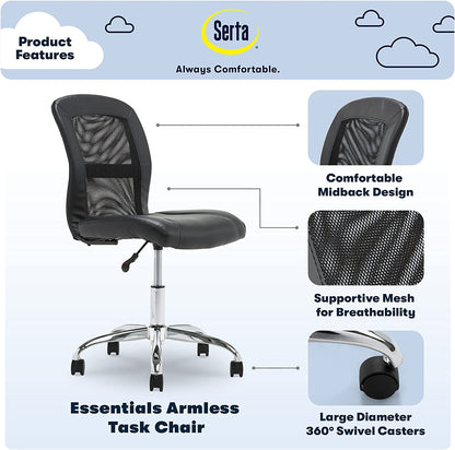 Essential Armless Deskchair, Small Task Chair with Wheels, Breathable Mesh Back, quality Foam Cushion Seat for Comfort, Functional, Lightweight and Versatile, Black-3