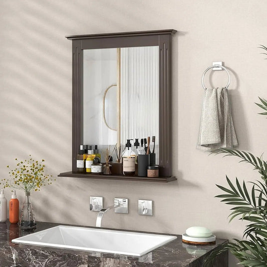 27-in x 22.5-in Bathroom Wall Mirror with Shelf in Dark Brown Wood Finish - Bathroom Mirrors