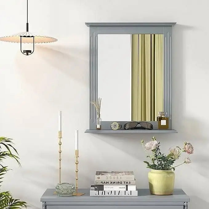 27-in x 22.5-in Bathroom Wall Mirror with Shelf in Gray Wood Finish - Bathroom Mirrors